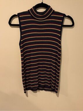 Chaus Striped Ribbed Sleeveless Mock Neck Tank - Navy Multicolor